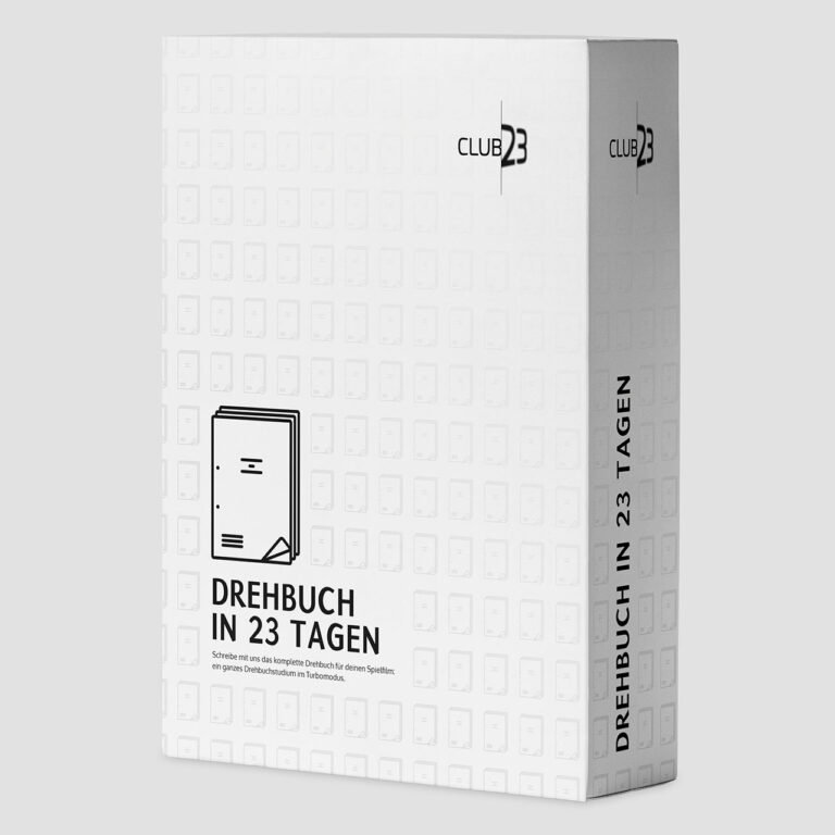 Weiße Produktbox zur Masterclass „Drehbuch in 23 Tagen“ auf Grau