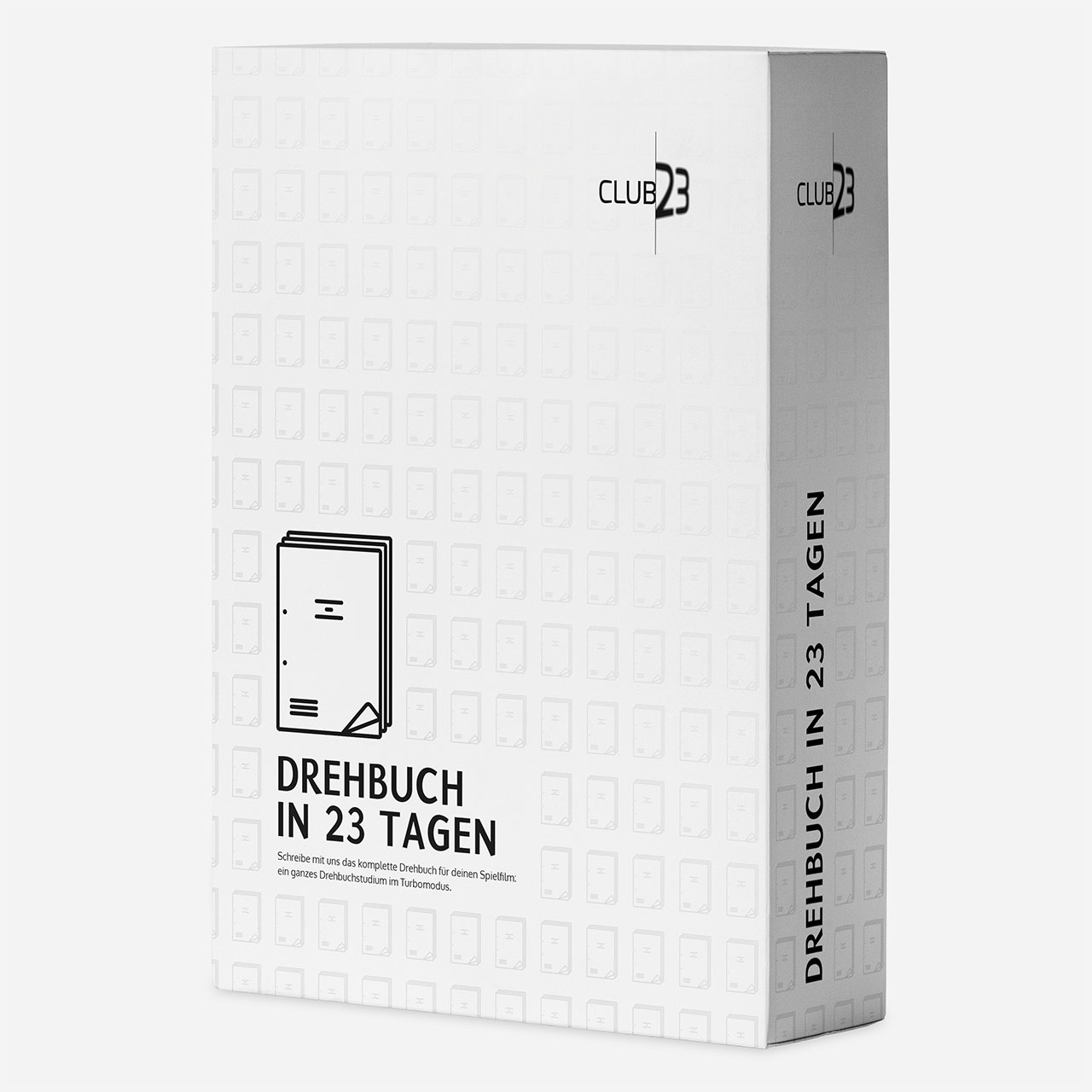 Weiße Produktbox zur Masterclass „Drehbuch in 23 Tagen“ auf Grau