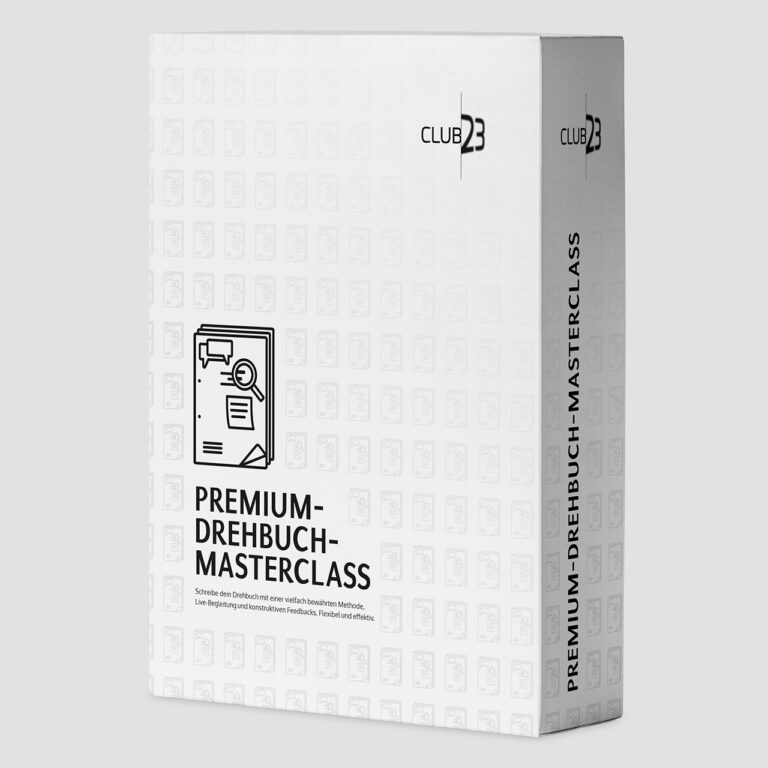 Weiße Produktbox zur „Premium-Drehbuch-Masterclass“ auf Grau