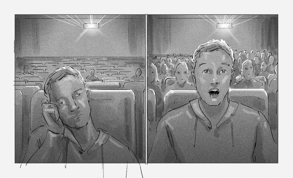 Splitscreen: Zuschauer langweilt sich im Kino, Zuschauer ist gefesselt