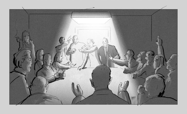 Figur diskutiert mit Raum voller Menschen, der nur von einer Deckenlampe erleuchtet wird